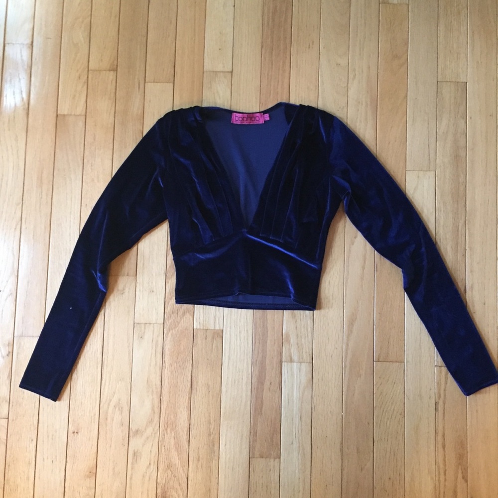 Royal blue long sleeve velvet crop top v-neck